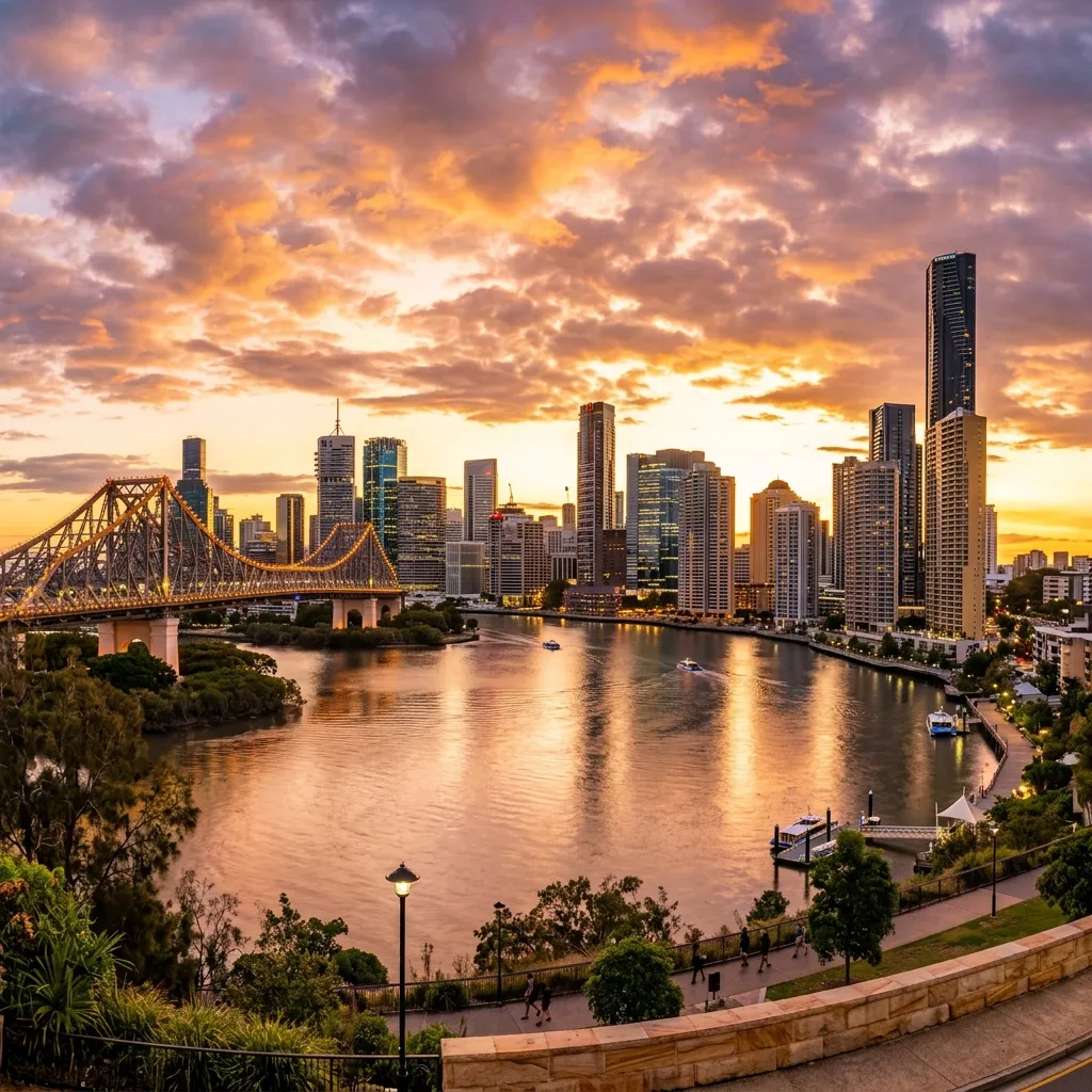 Brisbane city skyline at golden hour